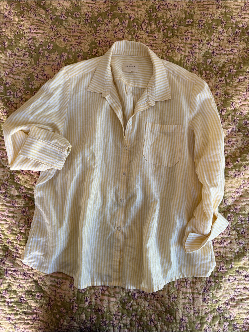 Sezane Pale Yellow and White Striped Cotton and Linen Blend Shirt